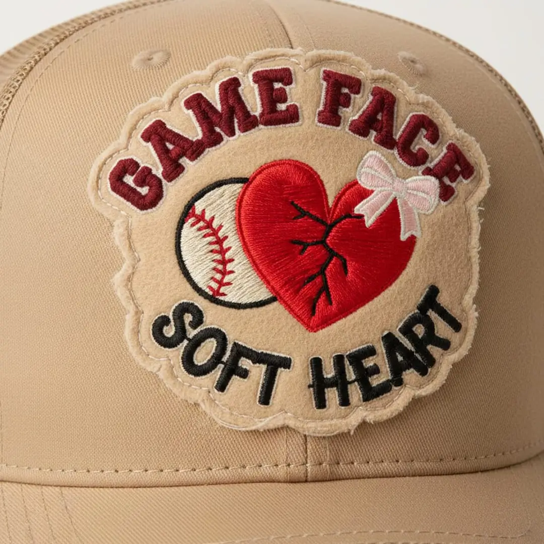 Custom embroidered patch on a tan trucker hat featuring 'Game Face Soft Heart' text and baseball heart artwork.
