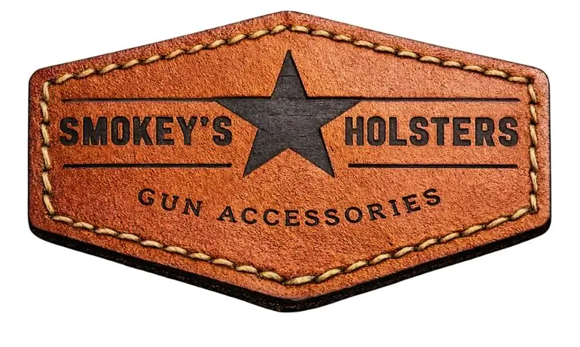 Hexagonal debossed custom leather patch for Smokey’s Holsters featuring a star icon and rugged stitching for gun accessories.
