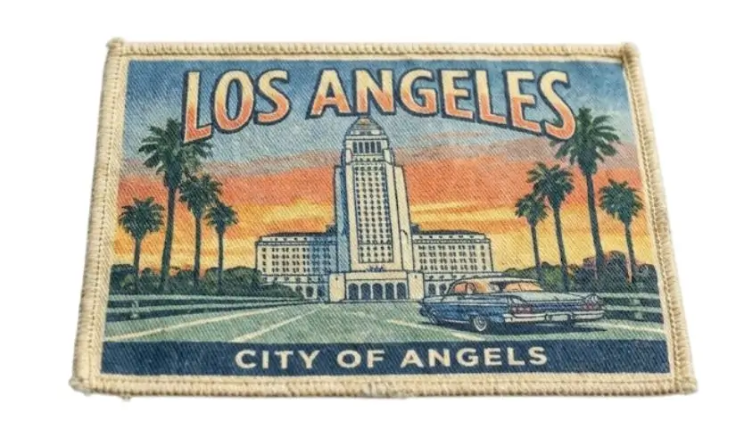 Rectangular custom printed patch featuring a vintage Los Angeles postcard illustration of City Hall and palm trees.