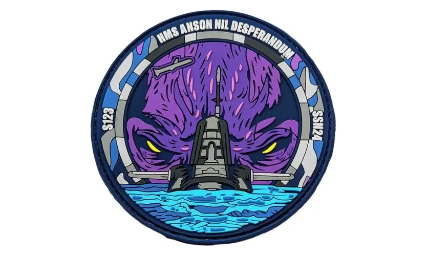 Intricately detailed custom PVC morale patch for HMS Anson featuring a purple octopus monster and submarine design.