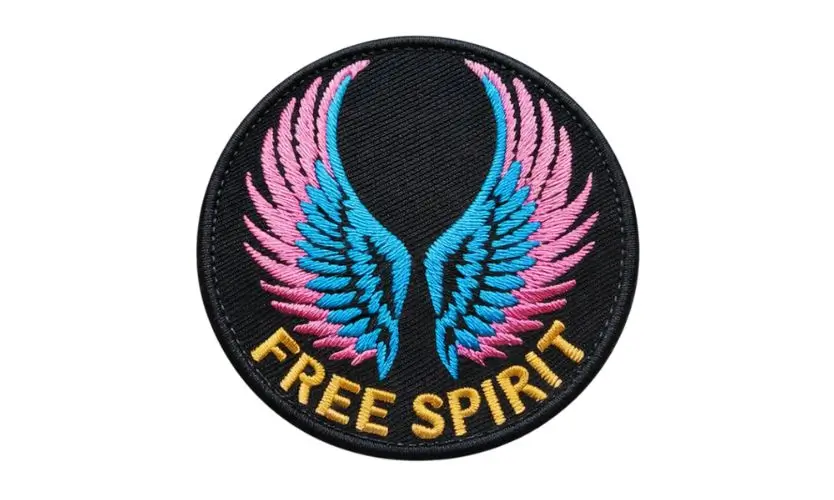 A circular black custom embroidered patch featuring pink and blue angel wings and the text 'FREE SPIRIT' in gold thread.