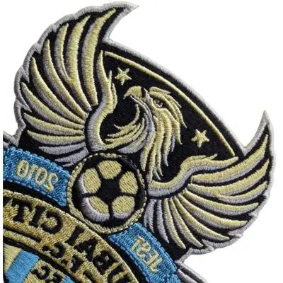 Detailed view of a custom eagle crest patch featuring a sharp heat cut laser edge, perfect for intricate and jagged contour shapes.