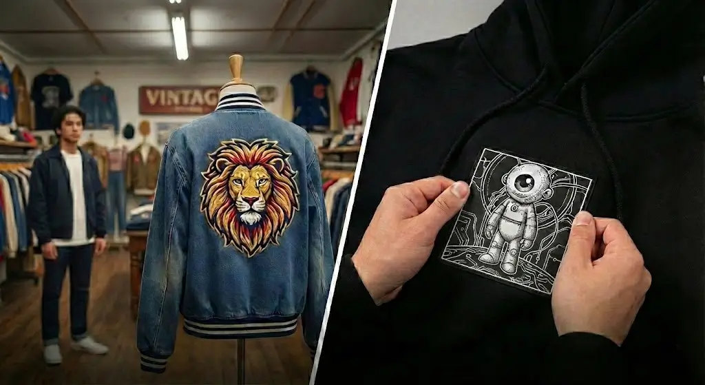 Split image comparison. Left side: Embroidered patch showing heavy texture and thickness. Right side: Woven patch showing high-definition detail and tiny text legibility.