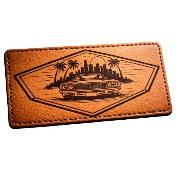 Custom laser-engraved leather patch featuring a classic car, palm trees, and Los Angeles skyline design.