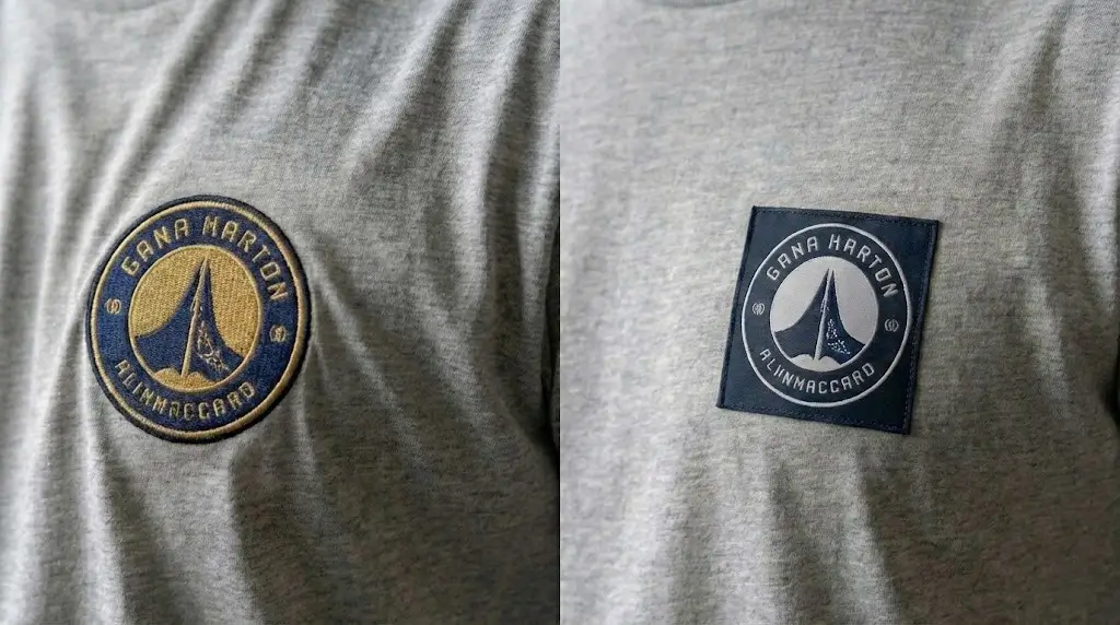 Side-by-side comparison showing a stiff embroidered patch causing a t-shirt to sag versus a flexible woven patch laying flat against the chest.