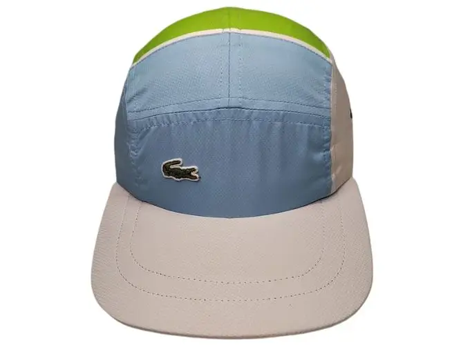 Light blue and grey 5-panel camper hat with a small low-profile custom woven logo patch.