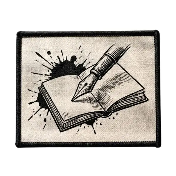 Custom printed patch for artists showing intricate pen-and-ink line work and ink splatter details.