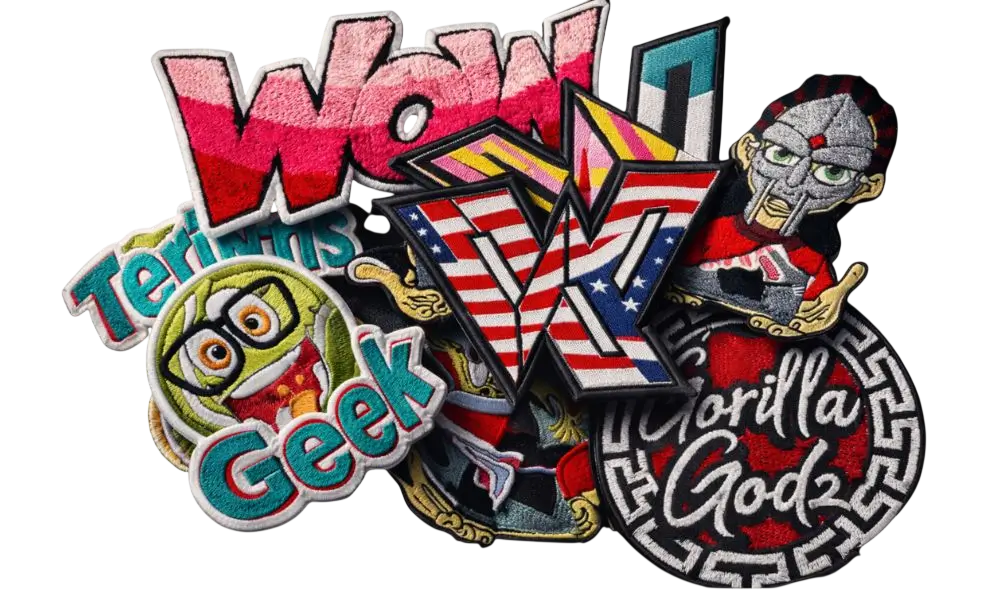 Bulk production run of custom patches on an industrial embroidery machine in Los Angeles.