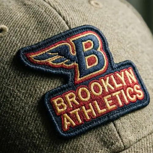 High-density custom embroidered athletic patch with a raised border sewn onto a textured baseball cap.