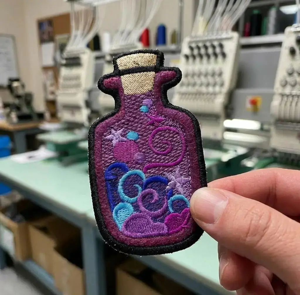 A high-quality custom embroidered patch of a purple potion bottle held up to show detail, with our Los Angeles embroidery shop in the background.