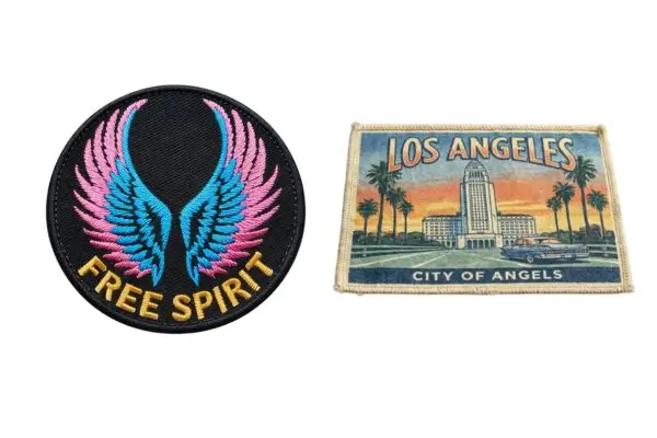 Macro view of an embroidered shield patch showing thread ridges next to a photographic printed space patch with smooth gradients.