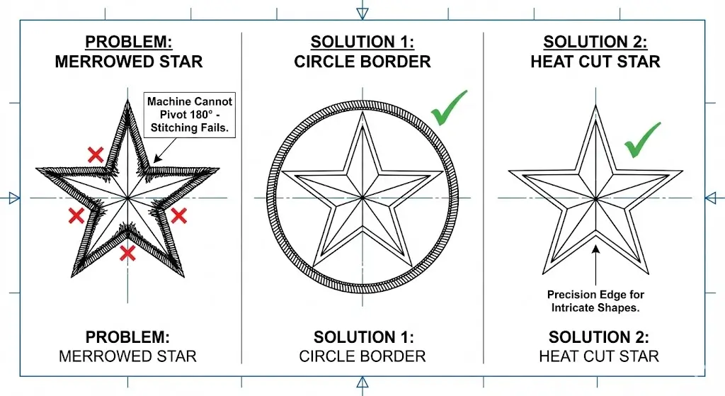 A technical manufacturing diagram explaining why merrowed borders fail on sharp inner angles and showing solutions like circular borders or precision laser heat cut edges.