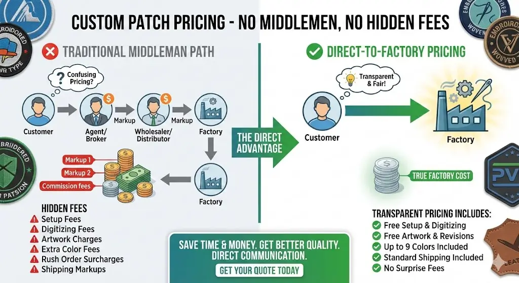 Infographic comparing traditional custom patch pricing with middlemen versus direct-to-factory pricing, highlighting cost savings and transparency.