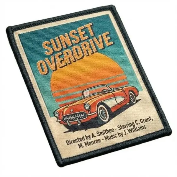 Custom printed sublimated patch featuring a vintage Los Angeles movie poster design with a classic car and sunset.