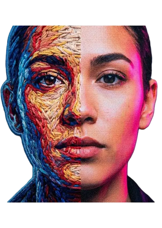 Split-screen comparison showing the high-detail photographic finish of a printed sublimated patch versus the textured look of traditional embroidery.