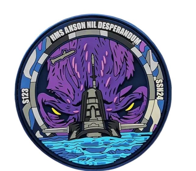 Intricately detailed custom PVC morale patch for HMS Anson featuring a purple octopus monster and submarine design.