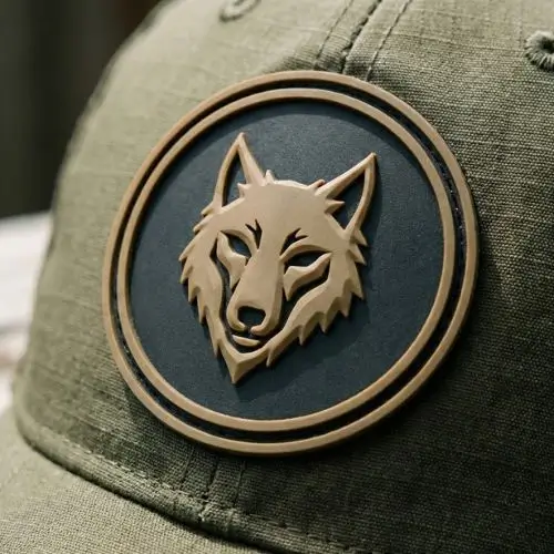 Custom 3D molded PVC rubber patch with a wolf emblem on a tactical olive green hat.