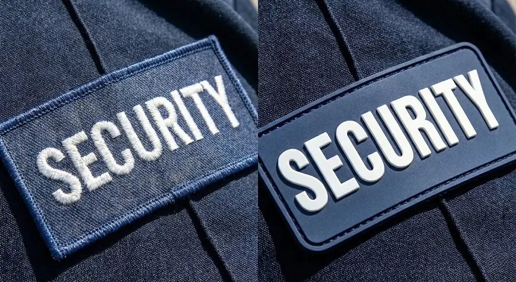 Side-by-side comparison of a traditional embroidered security patch and a sharp, molded PVC security patch on a navy blue uniform.