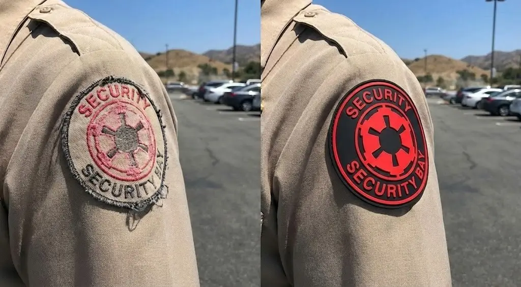 Comparison showing a weathered, frayed embroidered security patch next to a sharp, durable 3D PVC patch on a tan uniform sleeve.