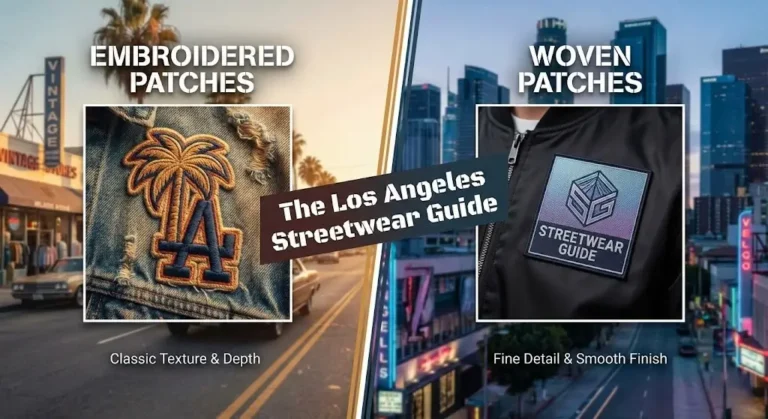 Split graphic comparing a textured embroidered patch on denim against a smooth woven patch on a bomber jacket, set against a blurred Los Angeles street background.
