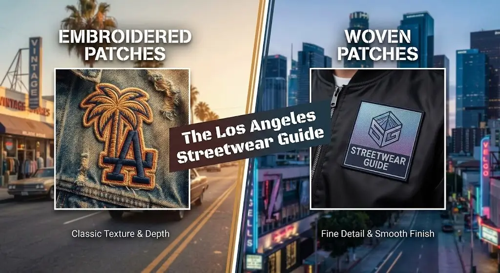 Split graphic comparing a textured embroidered patch on denim against a smooth woven patch on a bomber jacket, set against a blurred Los Angeles street background.