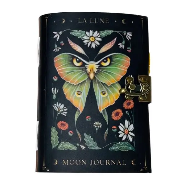 UV printed colorful moth design on black leather demonstrating infinite colors and photo-realistic gradients.