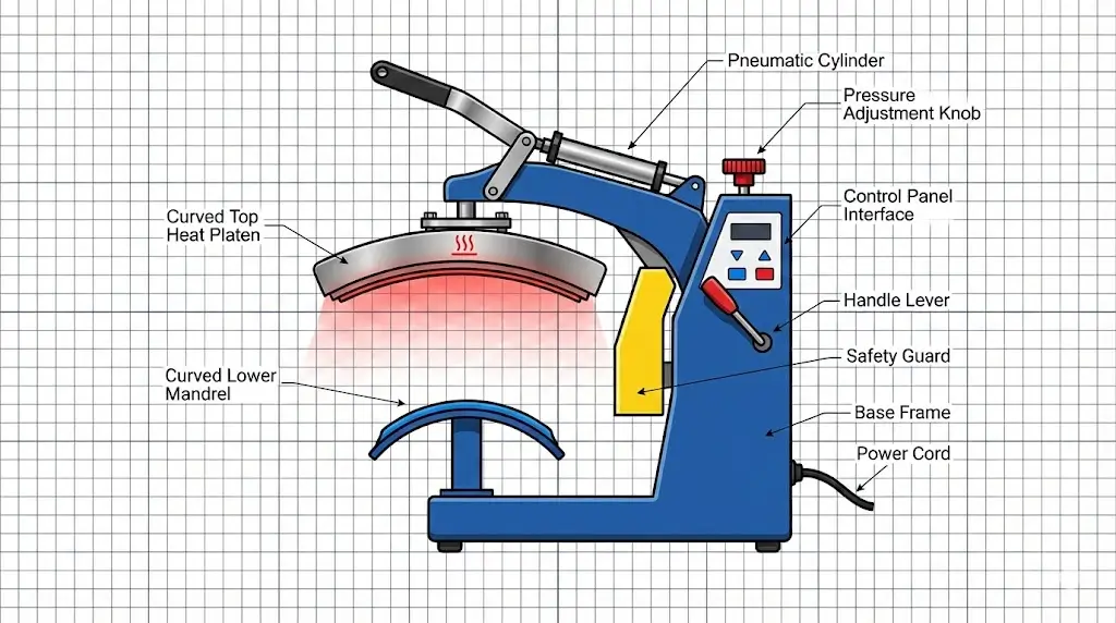 Technical diagram showing the curved platen of a commercial hat heat press for precise patch application.
