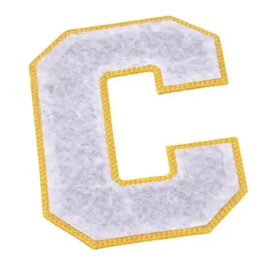 Back view of a chenille letter C patch showing the shiny heat-seal glue layer for iron-on use.