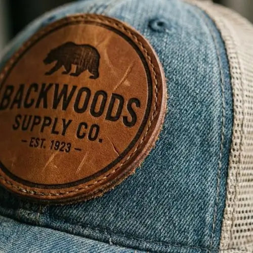 Rugged custom leather patch with a bear logo laser-etched onto a denim trucker hat.