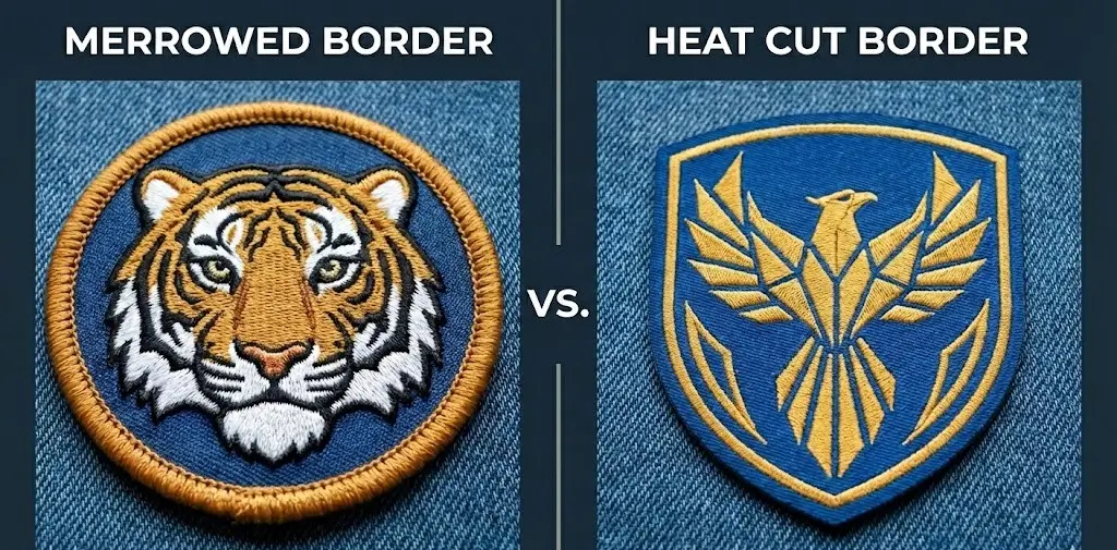 Comparison graphic showing a traditional thick merrowed overlock border on a round tiger patch versus a flat, precision heat cut laser border on a phoenix shield patch.