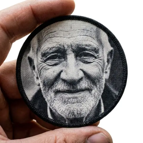 High-resolution printed memorial patch featuring a clear photographic portrait of an elderly man.