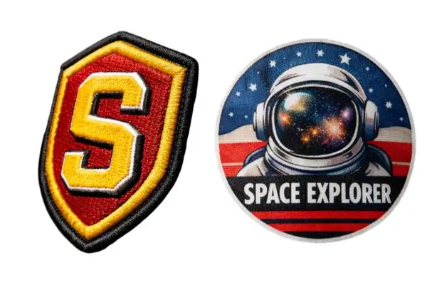 Comparison of a textured circular embroidered patch and a high-detail sublimated printed Los Angeles patch.