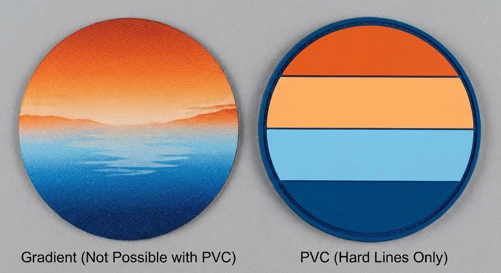 Side-by-side comparison showing a smooth gradient design versus a PVC patch which requires solid, hard color blocks.