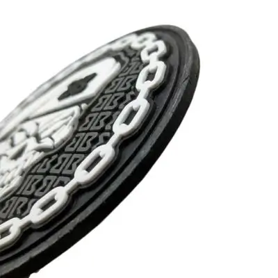 Close up of a leather patch featuring a pre-etched stitch groove for sewing guidance.