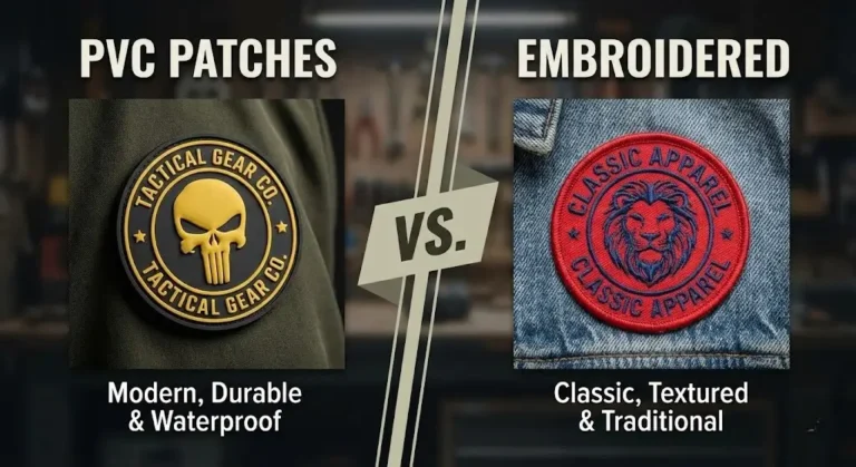 Comparison graphic showing a modern 3D PVC tactical patch versus a classic textured embroidered apparel patch.
