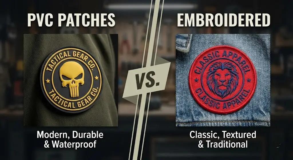 Comparison graphic showing a modern 3D PVC tactical patch versus a classic textured embroidered apparel patch.