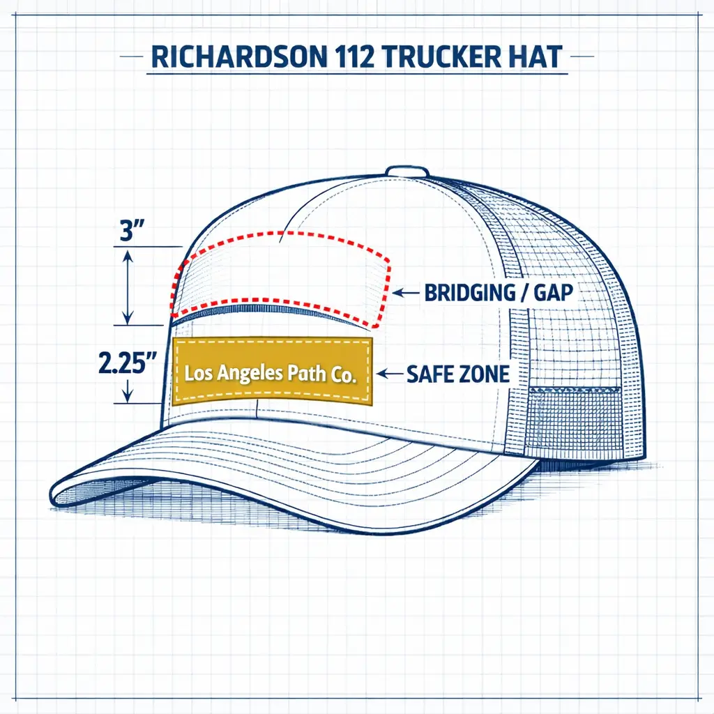 Technical blueprint diagram of a Richardson 112 trucker hat showing the 2.25 inch safe zone for custom patches to prevent bridging and gaps.