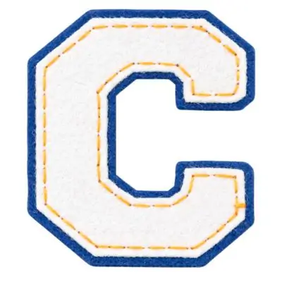White and blue chenille letter C patch with a clean felt border for permanent sewing.
