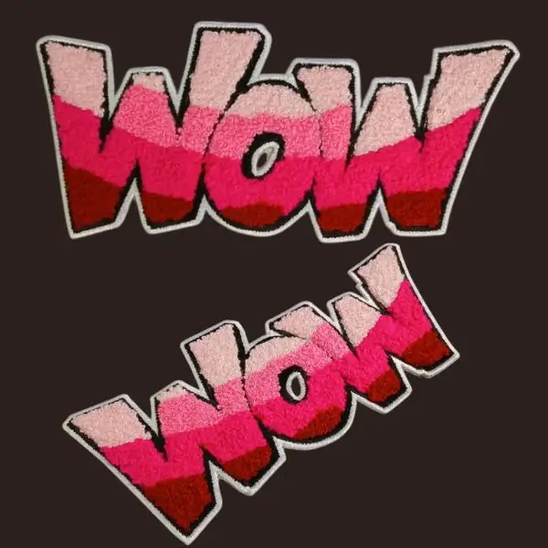 Custom script chenille patch with multiple shades of pink yarn and embroidery outline.