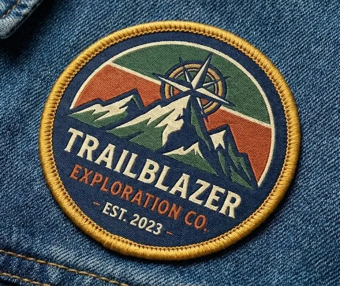 Close-up of a Hybrid Patch showing high-definition woven text in the center with a thick, embroidered merrowed border framing the edge.