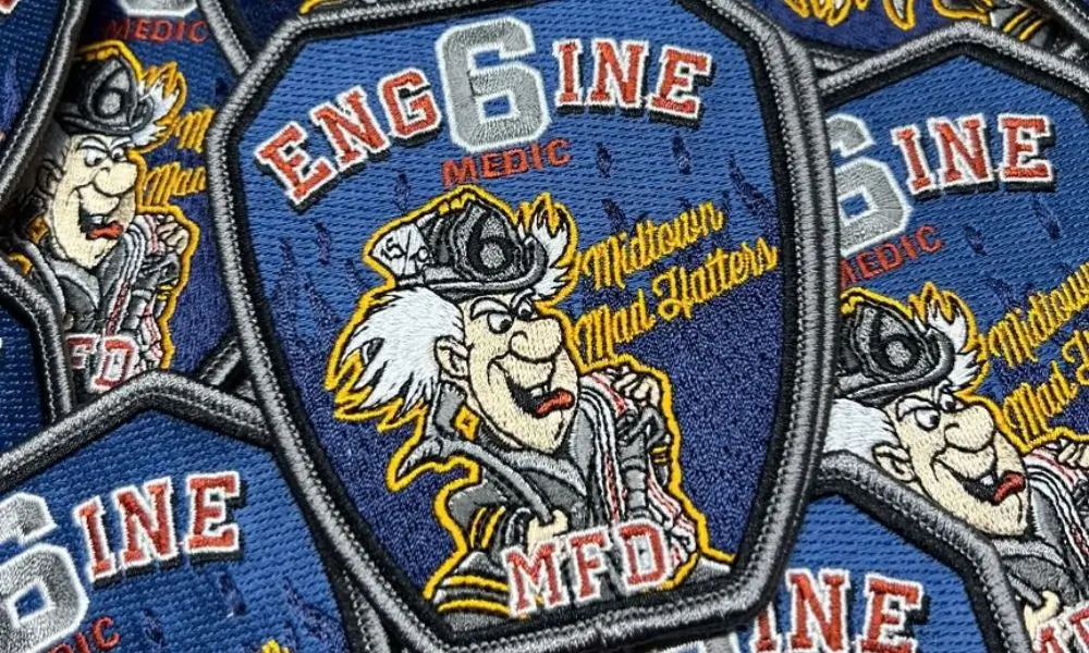 Custom blue embroidered fire department patch for Engine 6 